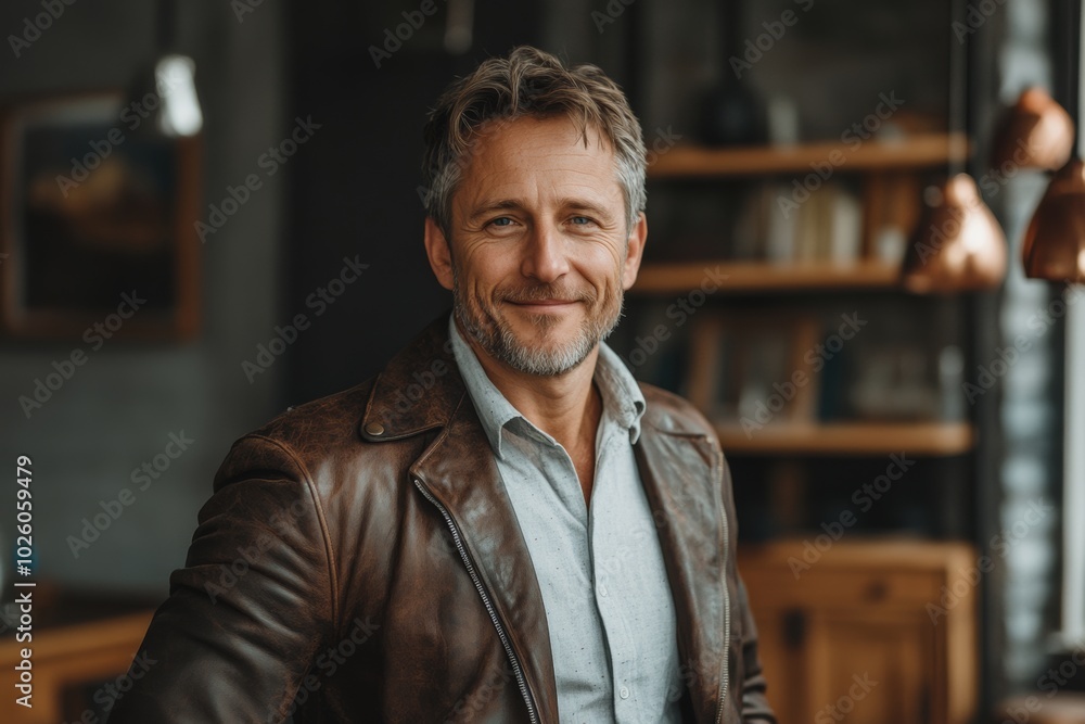 Fototapeta premium Man in a brown jacket, white shirt is smiling for camera. He is sitting in room with a lot of furniture. glad man in his 40s sporting stylish leather blazer while standing against interior background