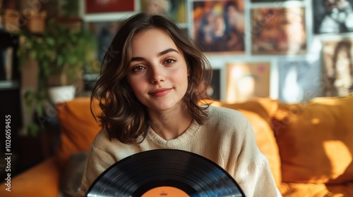 Young Woman Holding a Vinyl Record at Home - Perfect for Music Enthusiasts and Nostalgic Art Projects photo