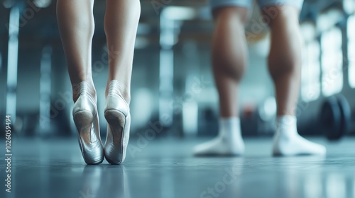 Striking image of a ballet dancer's pointe shoes alongside muscular legs in a gym setting, highlighting contrast between grace and strength in a modern fitness context.