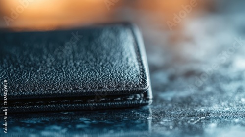 A detailed close-up image of a sleek black leather wallet, placed on a textured surface, highlights its craftsmanship and luxury appeal in a modern setting.