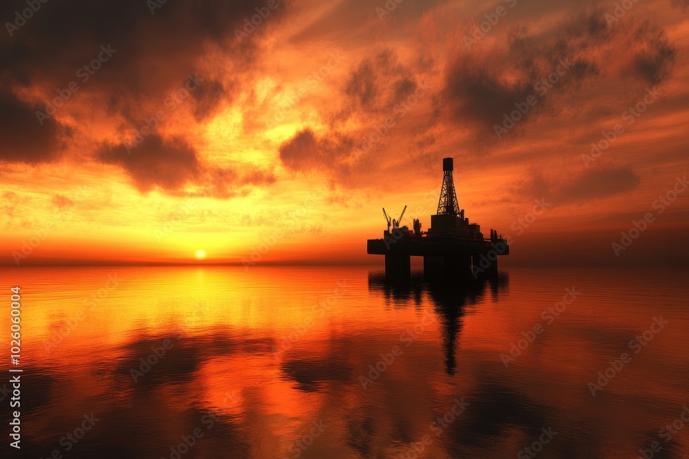 Offshore Oil Rig at Sunset with Dramatic Sky Reflections Offshore Oil Rig at Sunset with Dramatic Sky Reflections