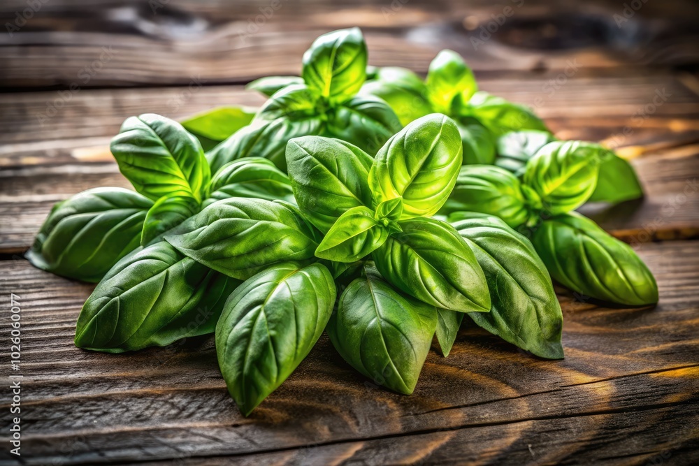 Fresh Genovese basil leaves showcased on a rustic wooden table, kissed by soft natural light, evoke culinary inspiration and elevate your cooking adventures. Fresh Genovese basil leaves showcased on a rustic wooden table, kissed by soft natural light, evoke culinary inspiration and elevate your cooking adventures.