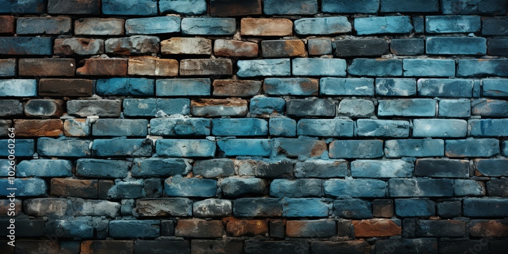 Obraz premium A weathered brick wall painted with faded blue hues, showcasing the passage of time and the resilience of the structure.