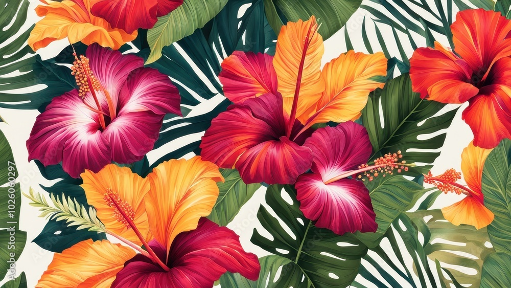 A vibrant floral pattern featuring hibiscus flowers and tropical leaves. A vibrant floral pattern featuring hibiscus flowers and tropical leaves.