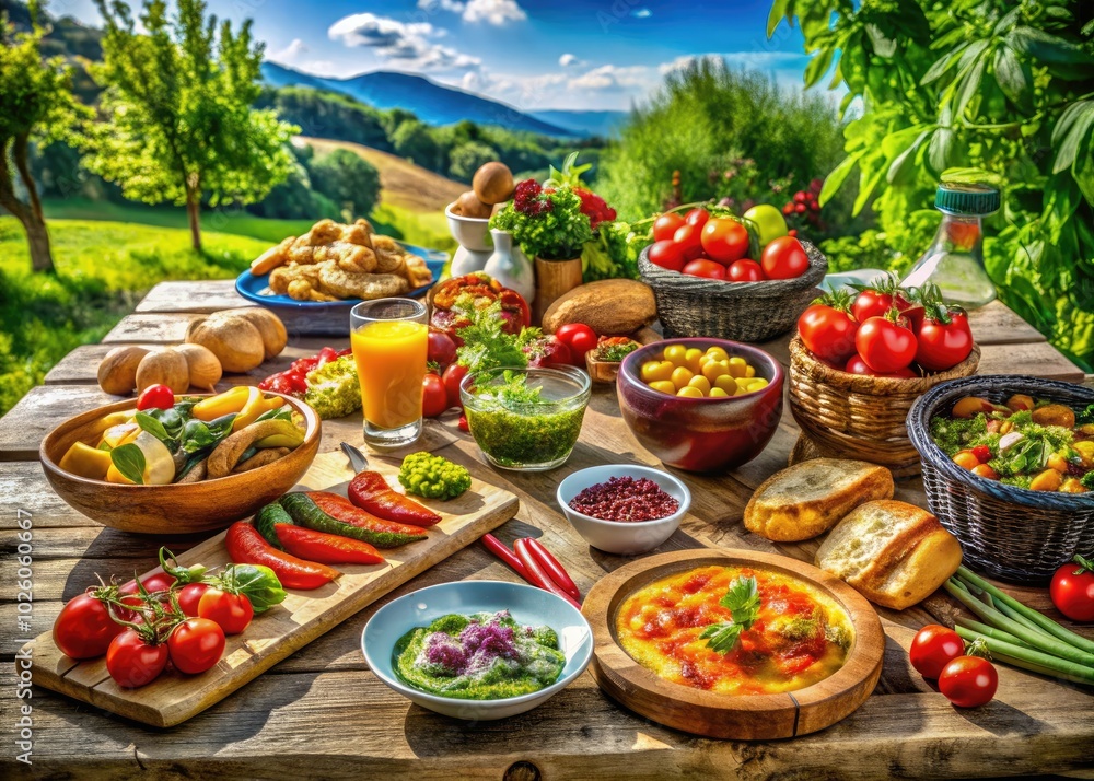Fresh ingredients arranged on a rustic wooden table create a stunning, nutritious lunch spread, bursting with colors and flavors, perfect for delightful lunchtime enjoyment. Fresh ingredients arranged on a rustic wooden table create a stunning, nutritious lunch spread, bursting with colors and flavors, perfect for delightful lunchtime enjoyment.