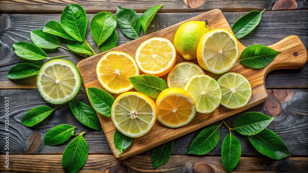 Fresh lemon and lime slices displayed on a wooden board, complemented by vivid green leaves, create a perfect garnish for a refreshing beverage. Fresh lemon and lime slices displayed on a wooden board, complemented by vivid green leaves, create a perfect garnish for a refreshing beverage.