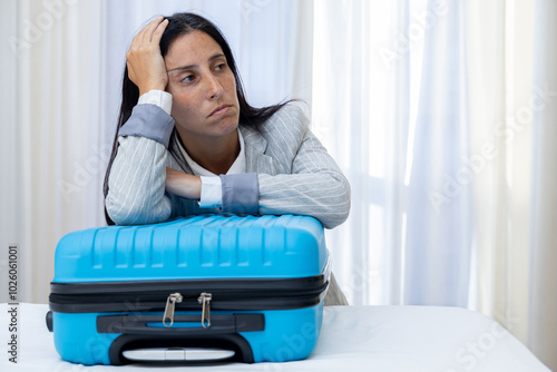 Young business executive woman sad on top of the suitcase and the hotel bed because her vacation is over and she has to go back to work, back to work after vacation, ready to go home, space to write