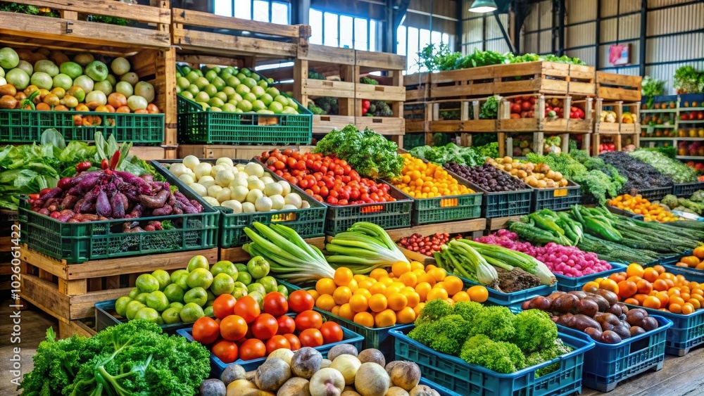 Freshly harvested vegetables in the warehouse burst with colors and shapes, displaying a delightful variety of textures that celebrate the richness of nature's offerings. Freshly harvested vegetables in the warehouse burst with colors and shapes, displaying a delightful variety of textures that celebrate the richness of nature's offerings.