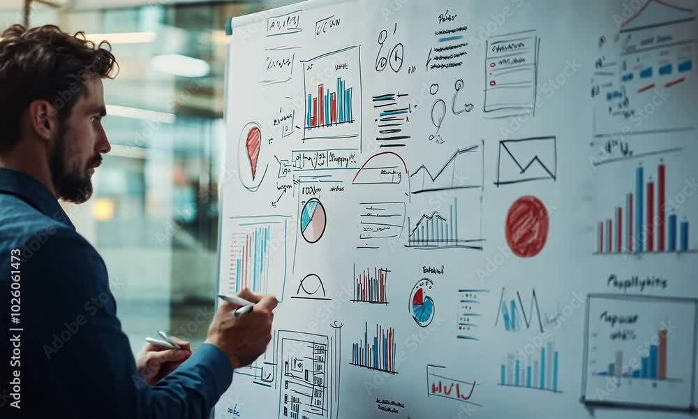 Businessman drawing charts and graphs on a whiteboard in a meeting. Businessman drawing charts and graphs on a whiteboard in a meeting.