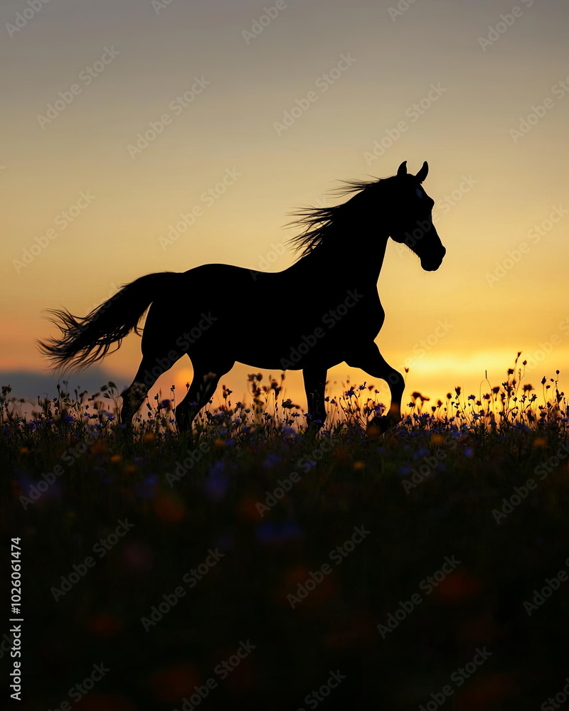 silhouette of horse running gracefully against stunning sunset backdrop, surrounded by wildflowers. scene captures beauty and freedom of nature silhouette of horse running gracefully against stunning sunset backdrop, surrounded by wildflowers. scene captures beauty and freedom of nature