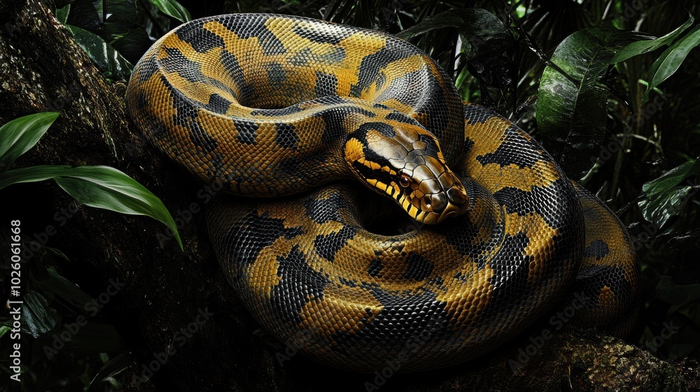 A large, vividly colored anaconda resting on a tree branch in a lush environment. A large, vividly colored anaconda resting on a tree branch in a lush environment.
