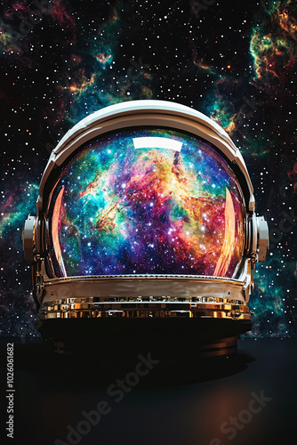 stunning astronaut helmet filled with vibrant cosmic scene, showcasing colorful galaxies and stars. helmet reflects beauty of universe, evoking sense of wonder and exploration