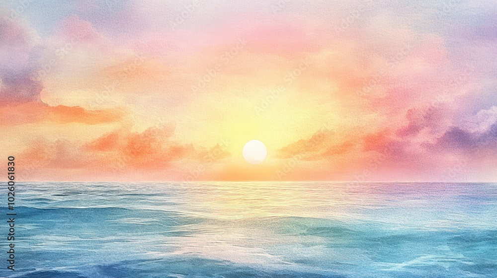 Vibrant sunrise over a serene ocean, blending warm hues with cool blues in a tranquil scene. Vibrant sunrise over a serene ocean, blending warm hues with cool blues in a tranquil scene.