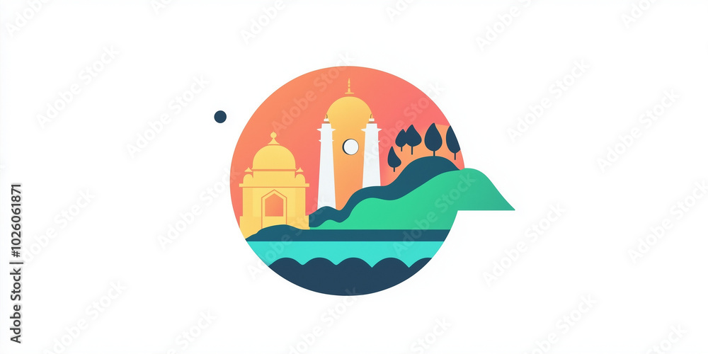 India, vector illustration of India, mountains, palace. flat background. mountains, landscape. environmental friendly. sun over a mountain, sky , colorful image. representation icon logo. India, vector illustration of India, mountains, palace. flat background. mountains, landscape. environmental friendly. sun over a mountain, sky , colorful image. representation icon logo.
