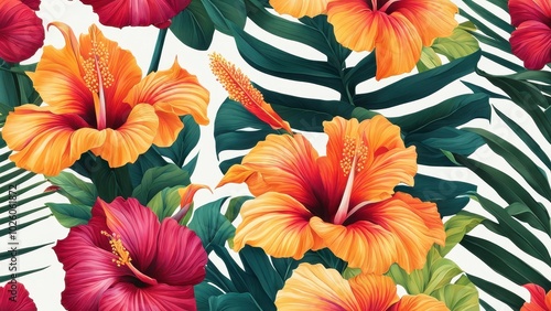 Wallpaper Mural A vibrant floral pattern featuring hibiscus flowers and tropical leaves. Torontodigital.ca