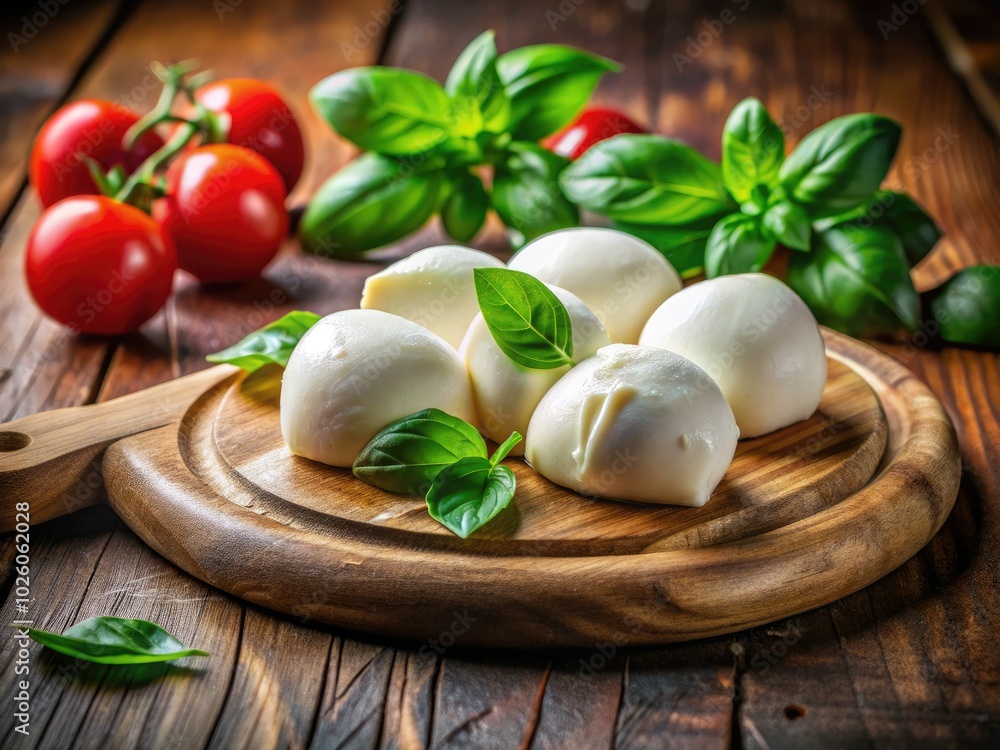 Fresh Mozzarella cheese with basil on a wooden board, a natural Italian dairy delight perfect for culinary creations and enhancing any gourmet dish. Fresh Mozzarella cheese with basil on a wooden board, a natural Italian dairy delight perfect for culinary creations and enhancing any gourmet dish.