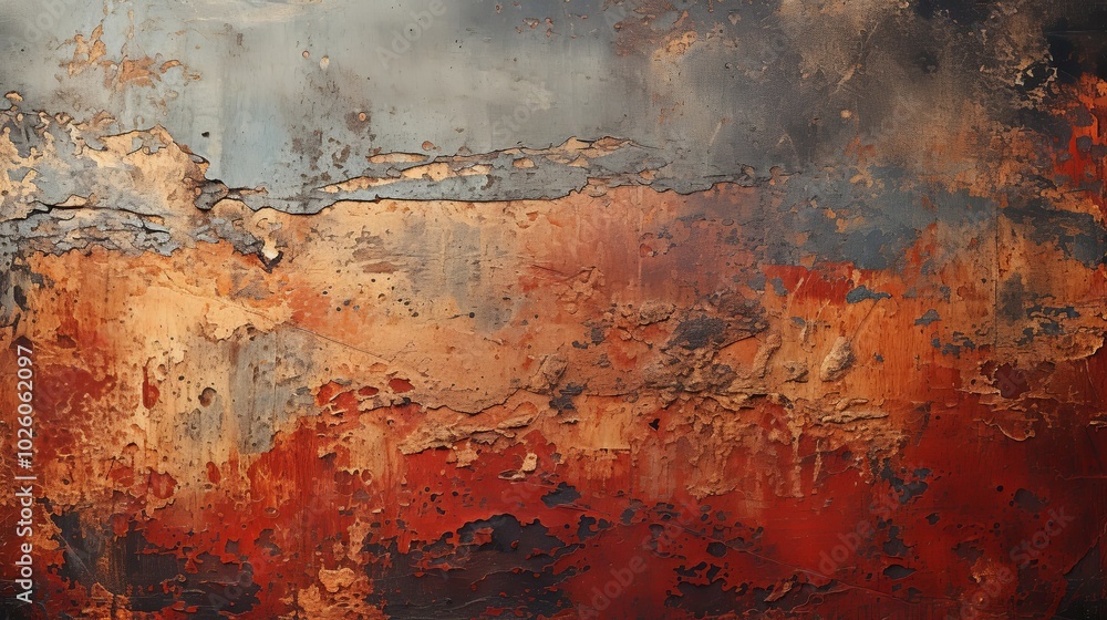 A weathered surface with peeling paint revealing layers of red, brown, and gray hues, a testament to time and the passage of seasons. A weathered surface with peeling paint revealing layers of red, brown, and gray hues, a testament to time and the passage of seasons.