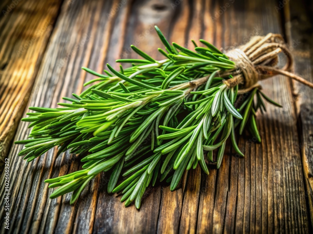 Fresh organic rosemary bunch displayed on a rustic wooden table, ideal for enhancing culinary dishes and herbal remedies, bringing a touch of nature to your kitchen. Fresh organic rosemary bunch displayed on a rustic wooden table, ideal for enhancing culinary dishes and herbal remedies, bringing a touch of nature to your kitchen.