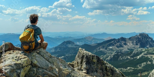 Wallpaper Mural Hiker enjoying a mountain view from a rocky summit. Torontodigital.ca