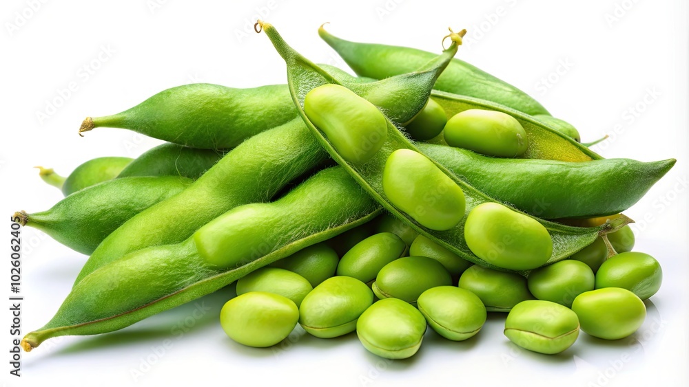 Fresh, raw green edamame soybeans and their pods are displayed in a top-down view, showcasing their vibrant color and natural freshness against a white backdrop. Fresh, raw green edamame soybeans and their pods are displayed in a top-down view, showcasing their vibrant color and natural freshness against a white backdrop.
