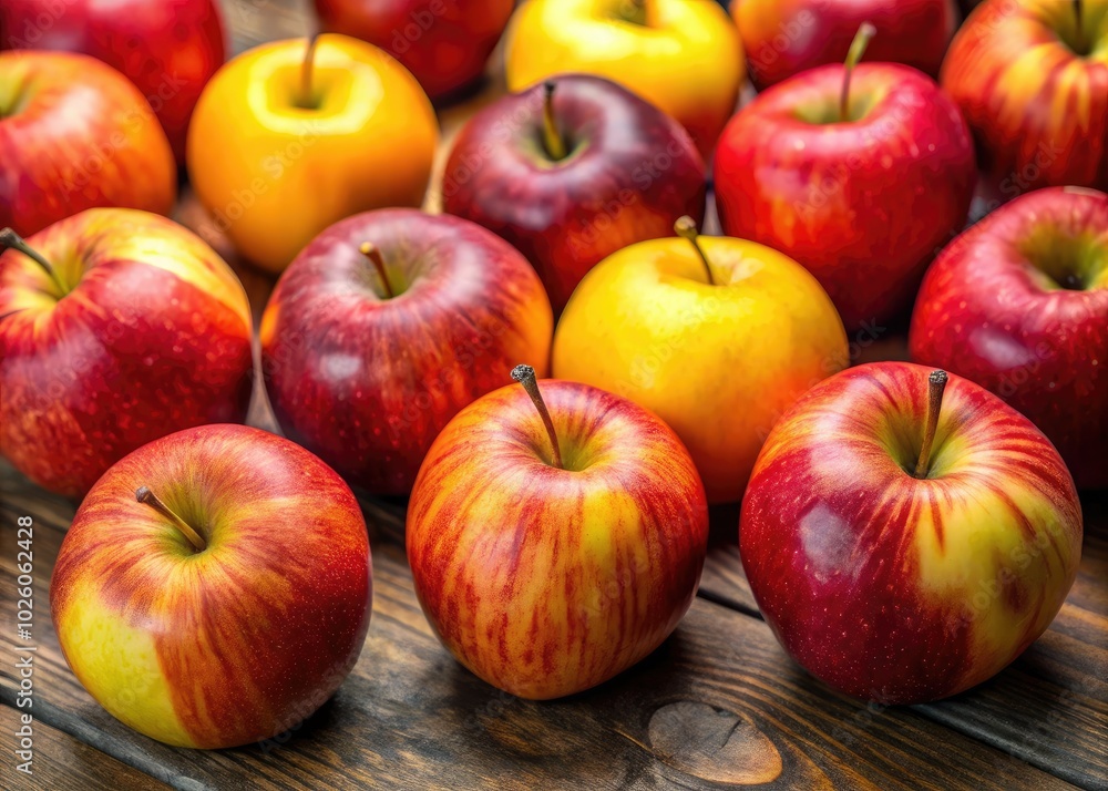 Fresh red and yellow apples arranged on a wooden table, showcasing their rich colors and textures, perfectly capturing the essence of nature's bounty. Fresh red and yellow apples arranged on a wooden table, showcasing their rich colors and textures, perfectly capturing the essence of nature's bounty.