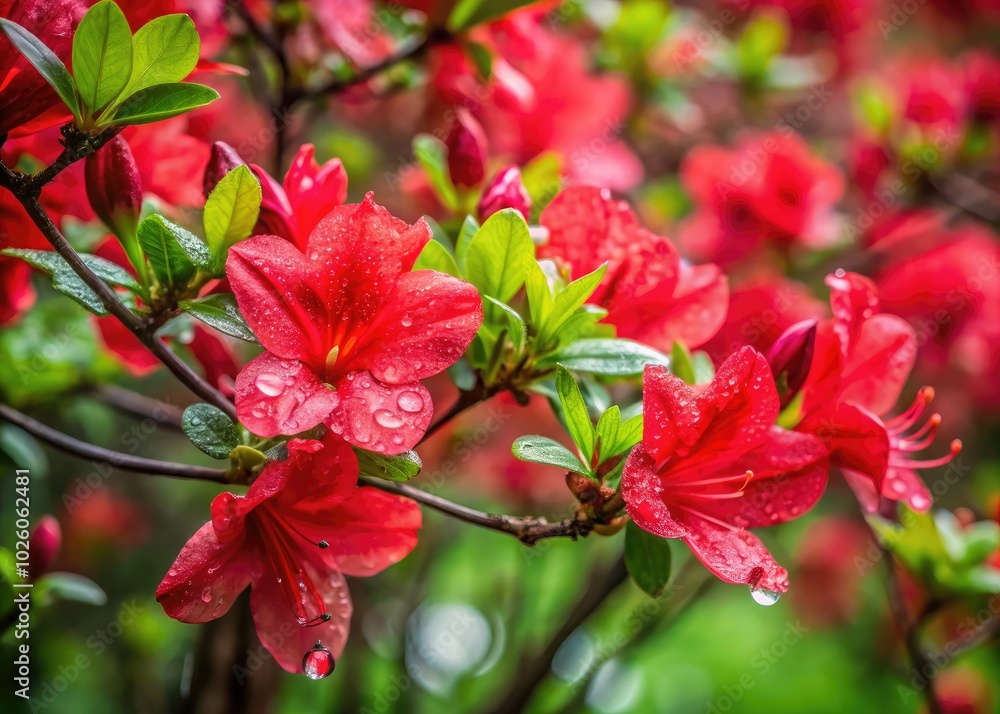 Fototapeta premium Fresh red azalea blooms brighten a branch, their petals glimmering with raindrops, showcasing nature's vibrant beauty and freshness after a revitalizing rain shower outdoors.