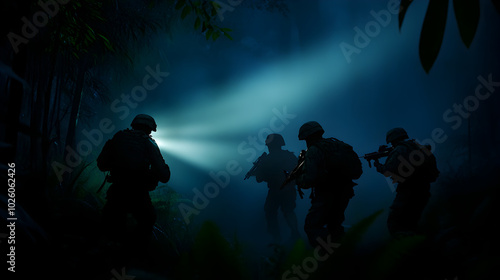 A squad of soldiers moving through a dark forest, their flashlights cutting through the trees. Simple and mysterious.