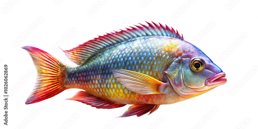 Fresh tilapia fish, skillfully isolated against a white background, perfect for culinary creations and seafood dishes, showcasing its vibrant color and healthy appeal. Fresh tilapia fish, skillfully isolated against a white background, perfect for culinary creations and seafood dishes, showcasing its vibrant color and healthy appeal.