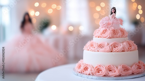 Elegant pink quinceanera cake with floral decor and doll topper, beautifully lit in a festive celebration setting.