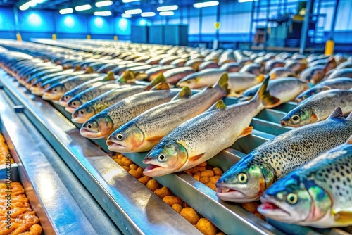 Fresh trout glides along a conveyor belt in a fish processing factory, demonstrating the advanced technology and streamlined processes of contemporary seafood production.