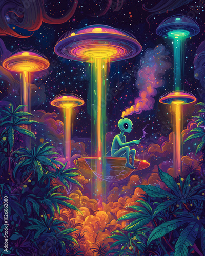 A serene alien smokes marijuana while vibrant UFOs illuminate the colorful