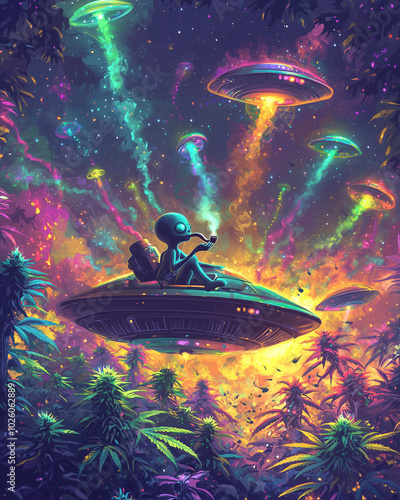 A serene alien smokes marijuana while vibrant UFOs illuminate the colorful