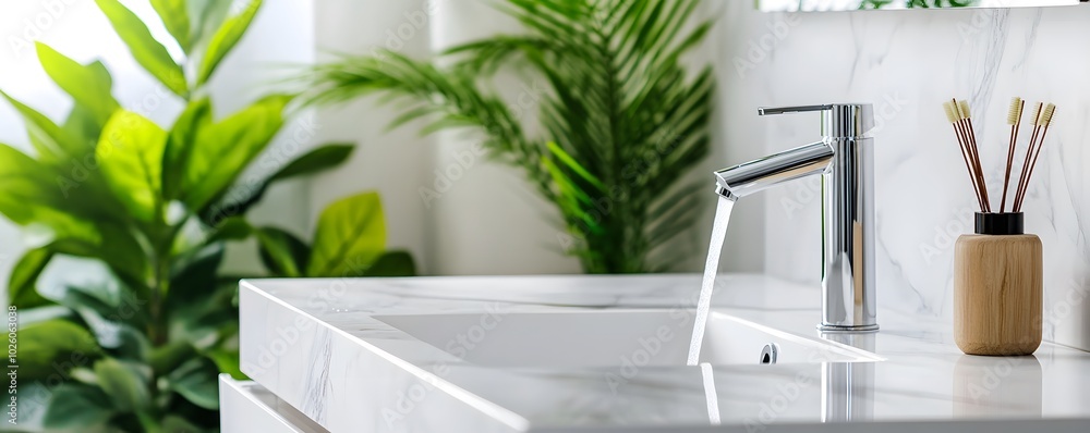 Modern Bathroom Sink with Chrome Faucet and Running Water Modern Bathroom Sink with Chrome Faucet and Running Water