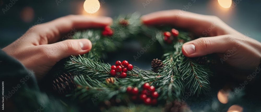 Person's hands holding a festive holiday wreath adorned with red berries and pine cones, creating a warm atmosphere. Person's hands holding a festive holiday wreath adorned with red berries and pine cones, creating a warm atmosphere.