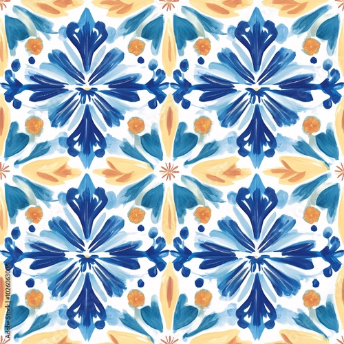 Traditional Folk Floral Pattern with Classic Motifs, Geometric Mosaic and Ornaments in Mediterranean Style, Inspired by Sicily, Greece, Turkey, and Morocco.