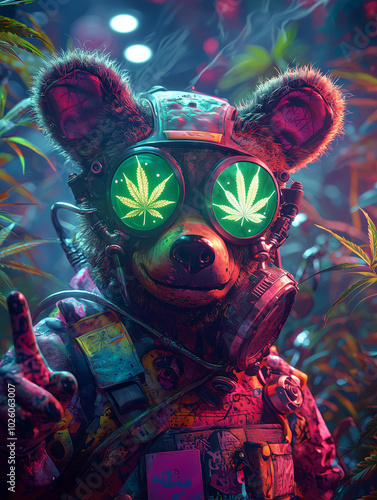 A colorful bear wearing cannabis-themed glasses exudes chill vibes in a surreal