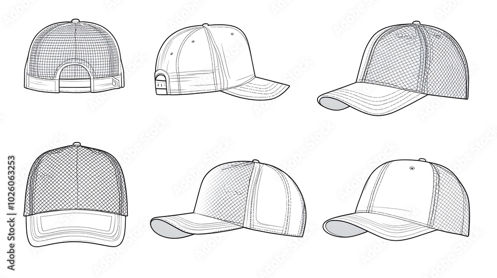 Six Different Views of a Trucker Hat with Mesh Back Design Six Different Views of a Trucker Hat with Mesh Back Design