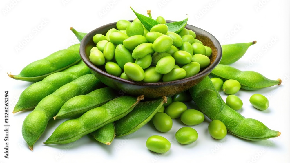 From a top view perspective, isolated fresh green edamame soybeans and pods rest on a white background, emphasizing their rich color and natural appeal. From a top view perspective, isolated fresh green edamame soybeans and pods rest on a white background, emphasizing their rich color and natural appeal.