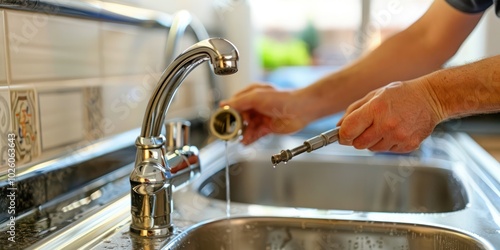 Interior shot of a repairman fixing a leaky faucet in a kitchen.