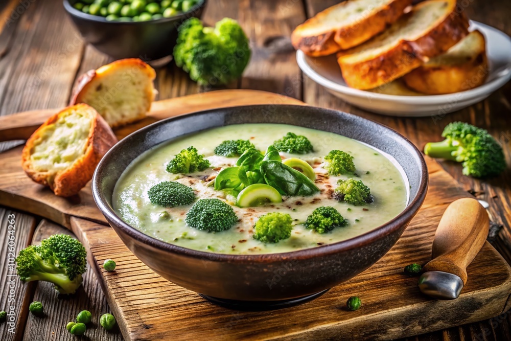 Broccoli Cheese Soup with Grilled Bread and Sour Cream - Delicious Comfort Food Photography Broccoli Cheese Soup with Grilled Bread and Sour Cream - Delicious Comfort Food Photography