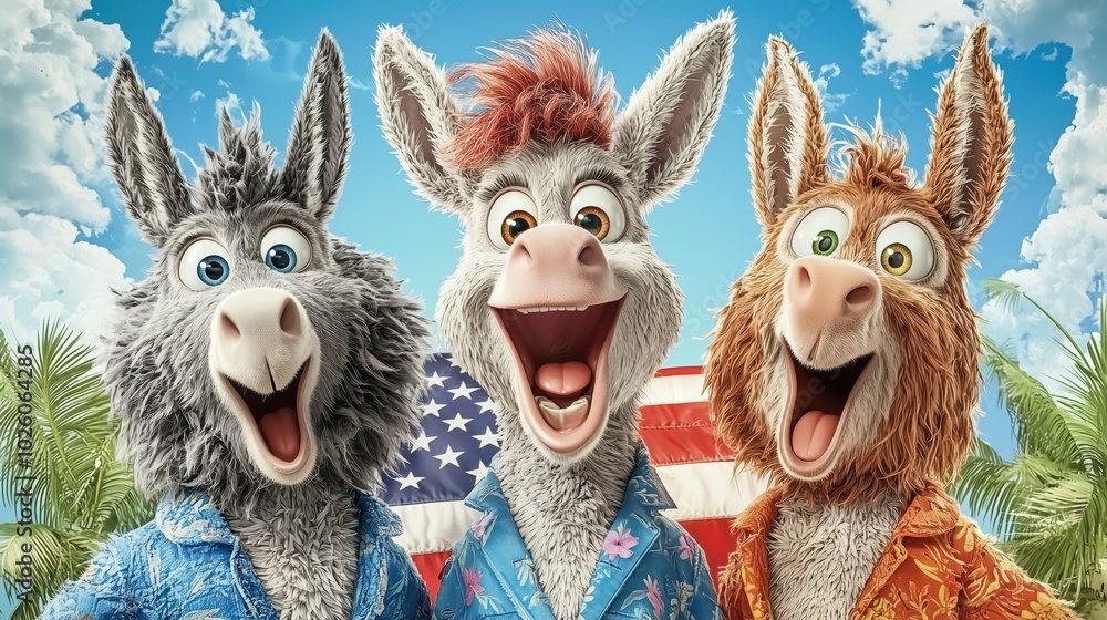 Fototapeta premium Cheerful Cartoon Donkey with American Flag Background