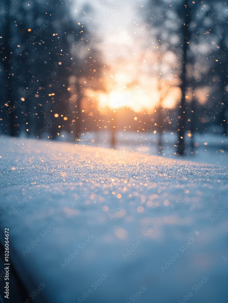 Snowy landscape during sunset, soft glow illuminating falling snowflakes. Snowy landscape during sunset, soft glow illuminating falling snowflakes.