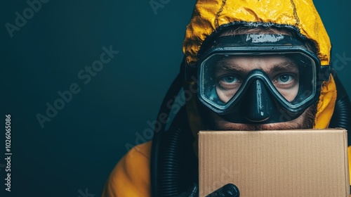 A bearded person wearing a yellow hazmat suit and goggles holds a box. The image symbolizes caution, safety, and preparedness in dealing with hazardous situations. photo