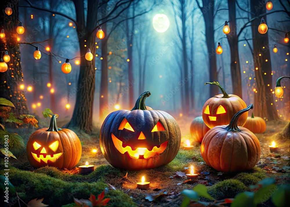 Glowing Jack O' Lanterns shine brightly in a eerie forest, accompanied by enigmatic ghost lights dancing among the trees, creating a haunting Halloween ambiance. Glowing Jack O' Lanterns shine brightly in a eerie forest, accompanied by enigmatic ghost lights dancing among the trees, creating a haunting Halloween ambiance.