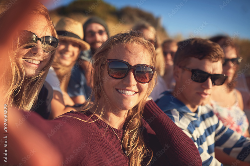 Obraz premium Portrait, happy and selfie of friends on beach for holiday, vacation and adventure outdoors. Travel, smile and men and women take profile picture for bonding, relax and social media post on weekend