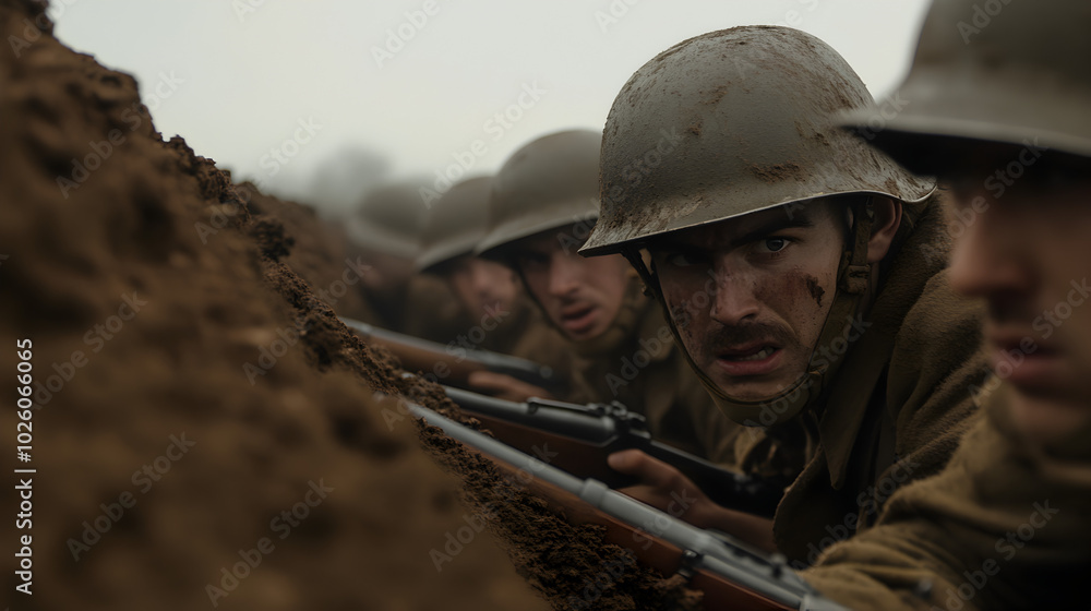 Fototapeta premium A squad of soldiers hunkering down in a trench, only their helmets and rifles visible above the dirt. Subtle and minimalist.