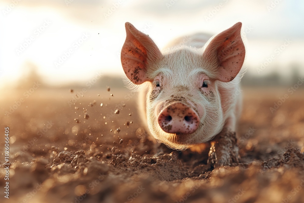 A cute piglet playfully rolling in the mud, enjoying a sunny day in an open field, symbolizing freedom and innocence in a natural rural setting. A cute piglet playfully rolling in the mud, enjoying a sunny day in an open field, symbolizing freedom and innocence in a natural rural setting.