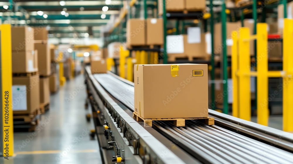 Boxes traveling down a conveyor in an organized warehouse, showing the streamlined process of modern distribution, copy space, vibrant, Fusion, factory backdrop. Boxes traveling down a conveyor in an organized warehouse, showing the streamlined process of modern distribution, copy space, vibrant, Fusion, factory backdrop.