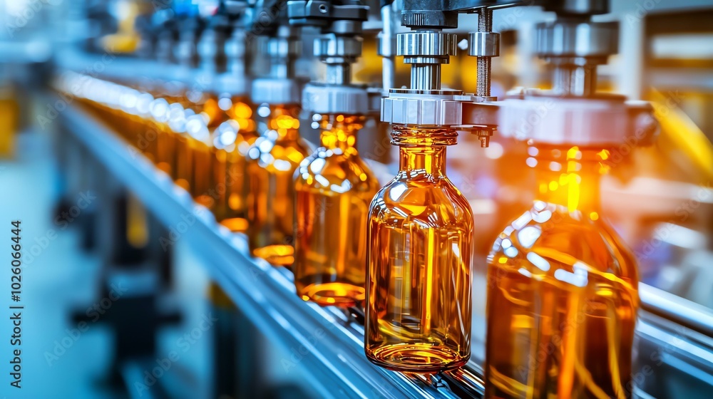 Close-up of glass bottles being filled on a production line, showcasing the speed and accuracy of modern machinery copy space, realistic, fusion, assembly line backdrop Close-up of glass bottles being filled on a production line, showcasing the speed and accuracy of modern machinery copy space, realistic, fusion, assembly line backdrop