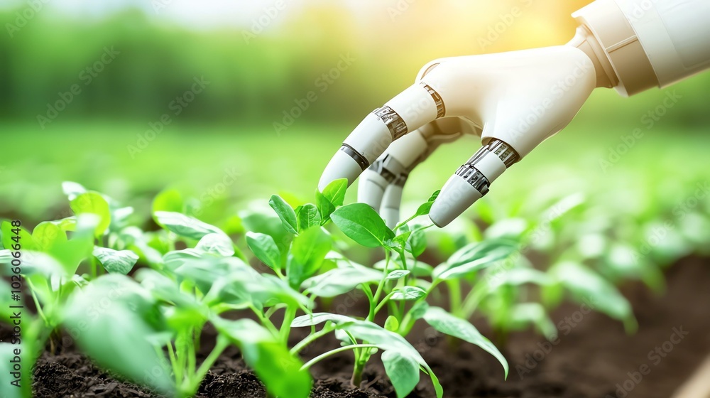 A robotic arm carefully handling fresh green seedlings, blending nature and technology in sustainable farming focus on, ethereal, overlay, organic farm backdrop A robotic arm carefully handling fresh green seedlings, blending nature and technology in sustainable farming focus on, ethereal, overlay, organic farm backdrop